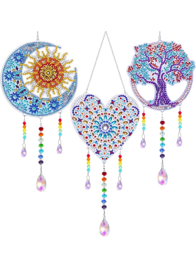 ChicAbode 3 عبوة لوحات الماس 5D، مُلقط شمس وجرار نفط مع زينة تعليق بحبوب الزجاج من الجانبين، للبالغات والبنات، تزيين نافذة المنزل والحديقة الفنون اليدوية (شجرة، قمر، قلب)، JH6129 - Image 1